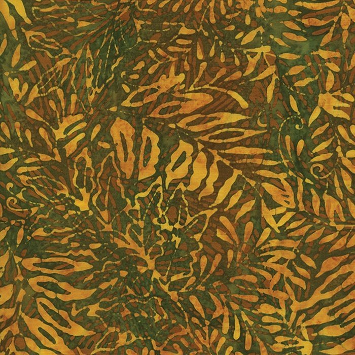 Island Batik 111501131 Gold Ferns on Green background, Countryside, 100% Cotton