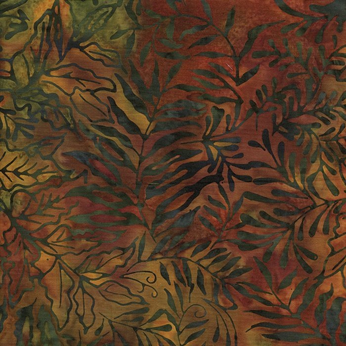 Island Batik 111501132 Green ferns (up to 5 long) on rusty red and gold background, Green Acres, 100% Cotton