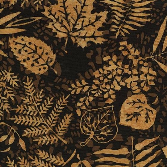 Island Batik 121510064 French Roast, Black, Copper, Sienna, Gold, Various, Overlapping Leaves, 100% Cotton