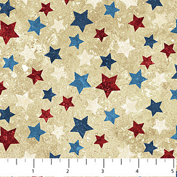 Stars and Stripes 20159-30 Navy, Red, and Cream Stars on Tan, Stonehenge Stars and Stripes, Northcott