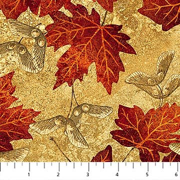 Maplewood 22017-34 Tan, Autumn Red Maple Leaves, Maple Seeds on Golden Tan, Scarlet