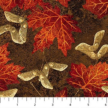 Maplewood 22017-36 Red, Autumn Red Maple Leaves, Maple Seeds on Dark Brown, Scarlet