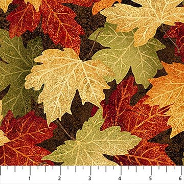 Maplewood 22019-36 Brown, Autumn Colored Maple Leaves on Dark Brown, Scarlet