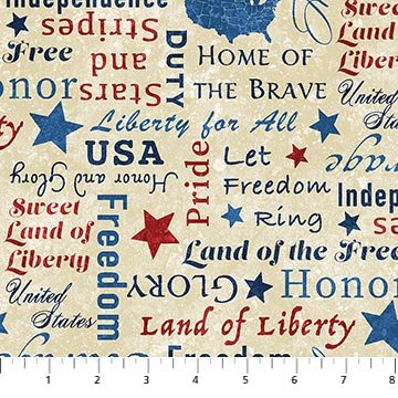 Northcott - Stonehenge - Stars and Stripes - Words of Freedom Beige