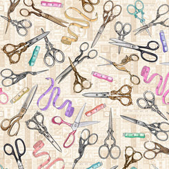 27338 - E  TAILOR MADE(F-4) - SCISSORS ON TAUPE - Quilting Treasures