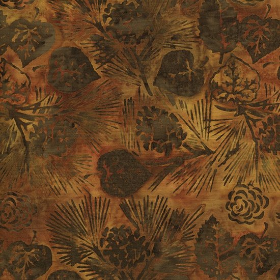 Island Batik 111502051 Mottled rust brown, Brown pine sprigs and leaves.  100% Cotton