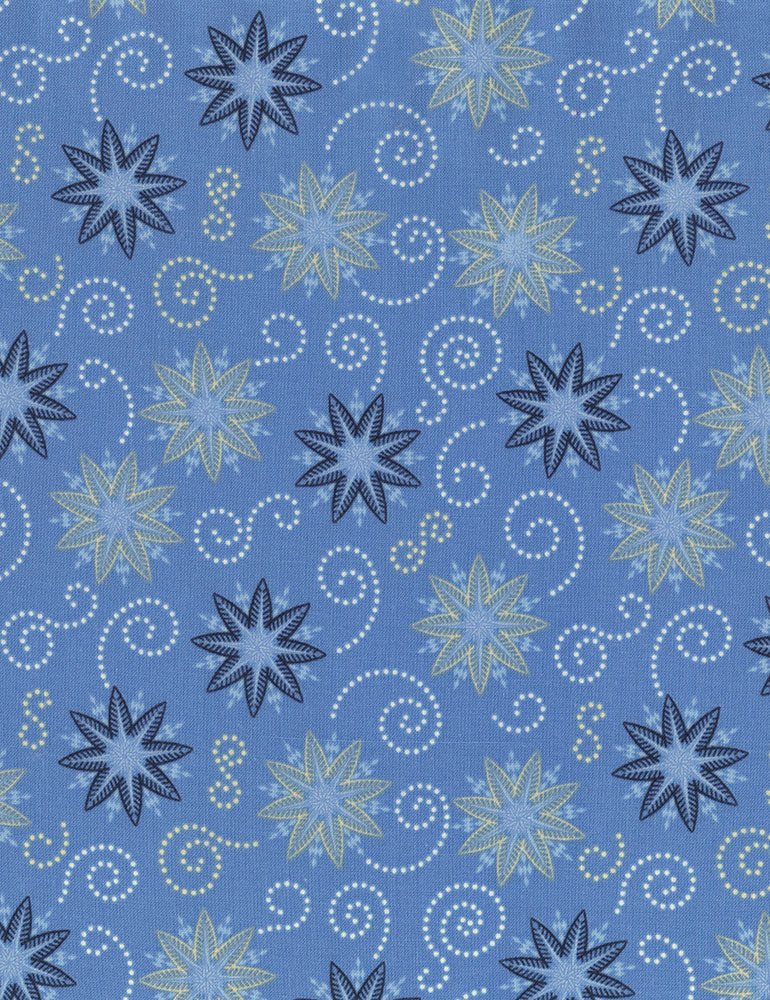 JN-C5769-Azure, Blue & Tan Snowflake Stars w/ Swirls on Blue, Bohemian Blues, Timeless Treasures