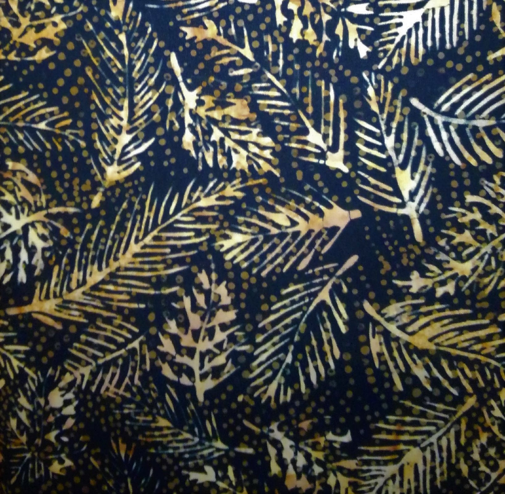 Island Batik 121505061  Black, Gold, Brown, Overlapping Leaf Veins, 100% Cotton